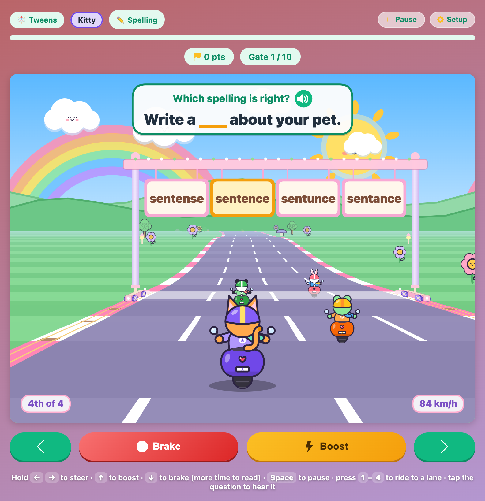 a spelling gate in English Moto Race for tweens with four signs: sentense, sentence, sentunce and sentance
