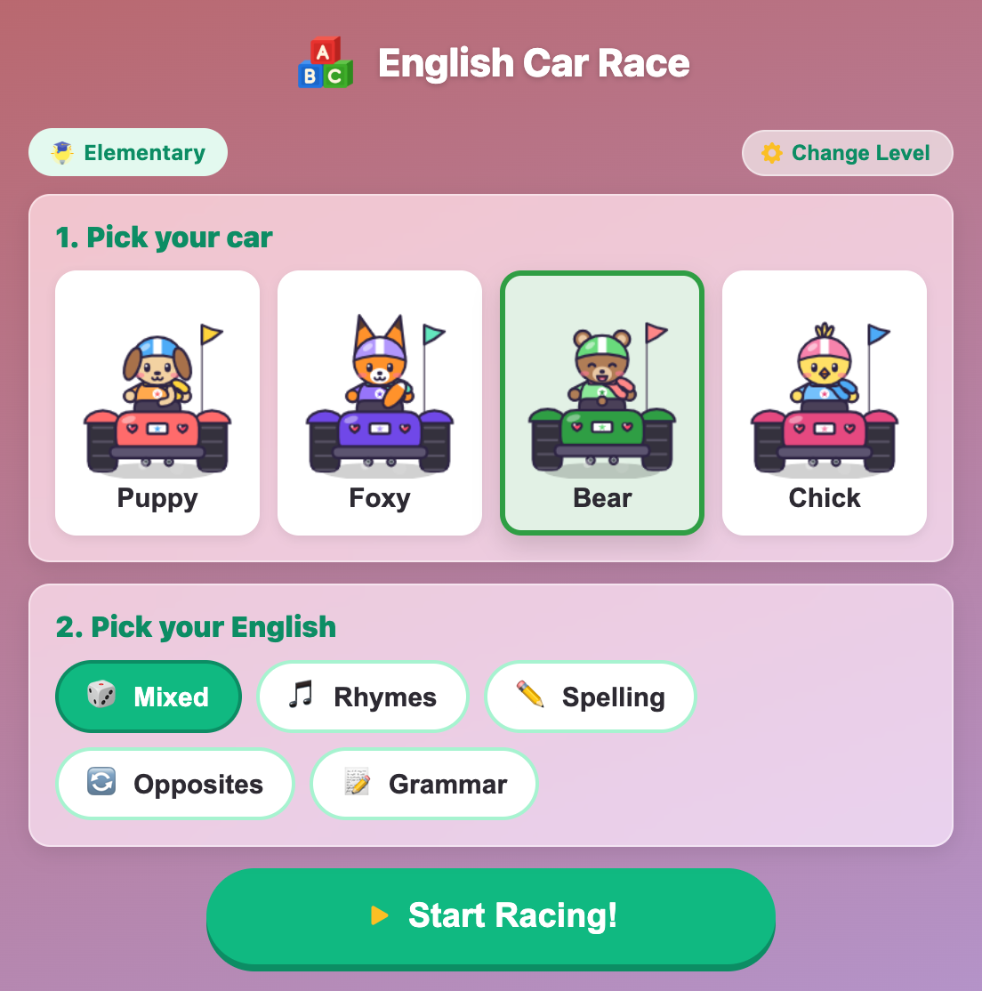 the Pick your car screen in English Car Race for kids, with Puppy, Foxy, Bear and Chick in their go-karts