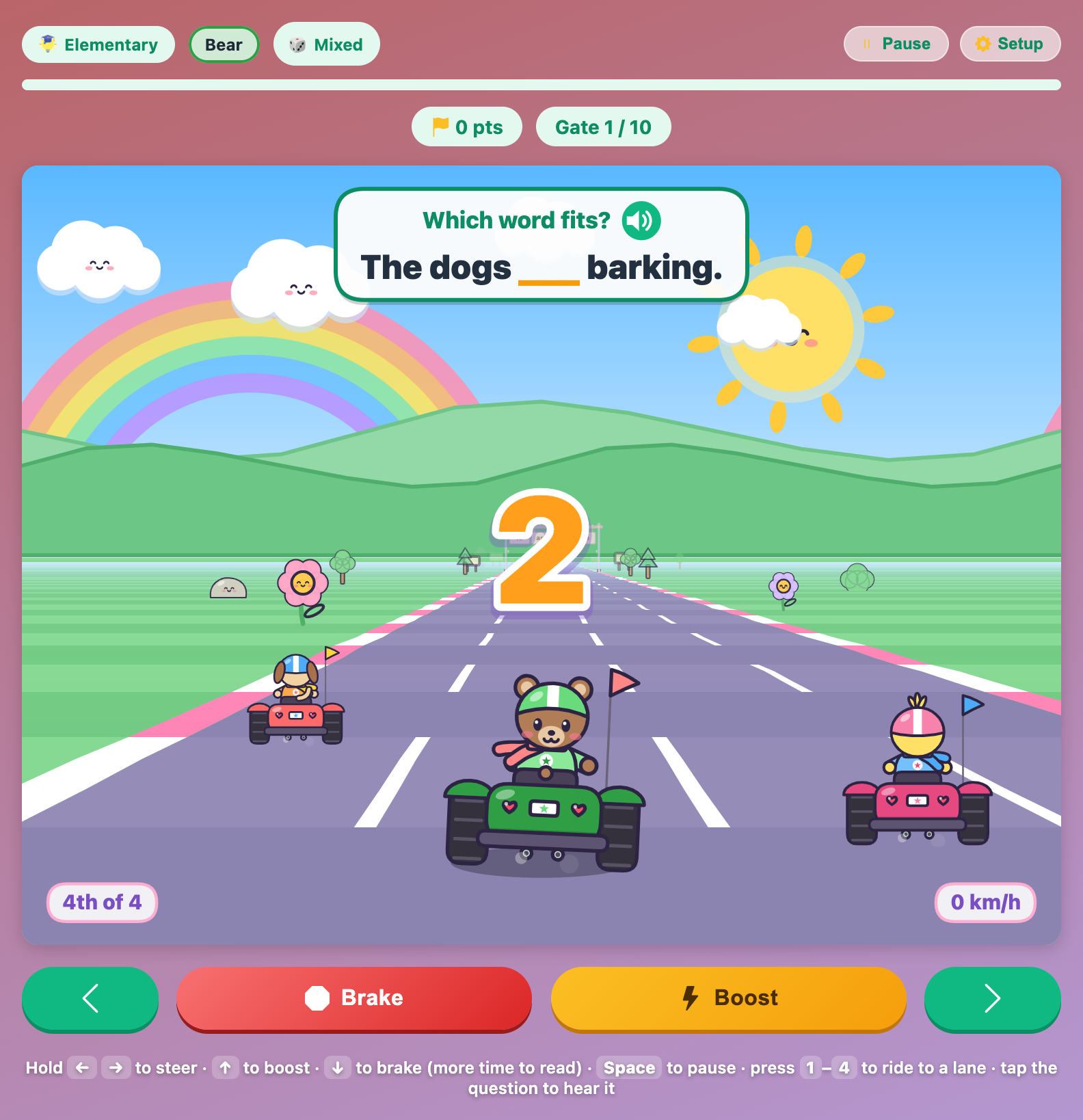 the 3, 2, 1 countdown in English Car Race, with Bear in a green kart and the first question already showing