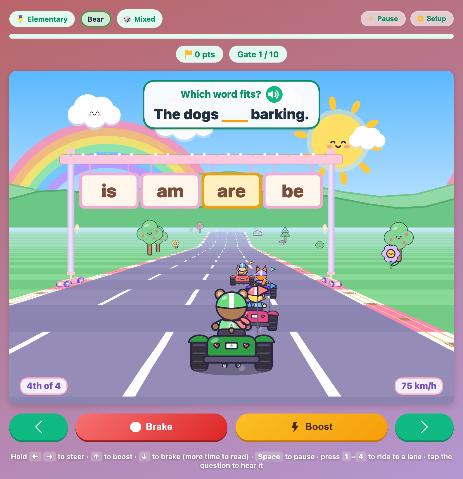 a grammar gate in English Car Race for elementary kids asking The dogs ___ barking, with is, am, are and be signs