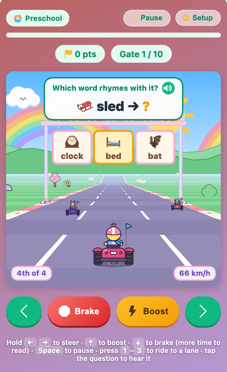 a rhyme gate in English Car Race for preschoolers on a phone, asking what rhymes with sled, with clock, bed and bat signs