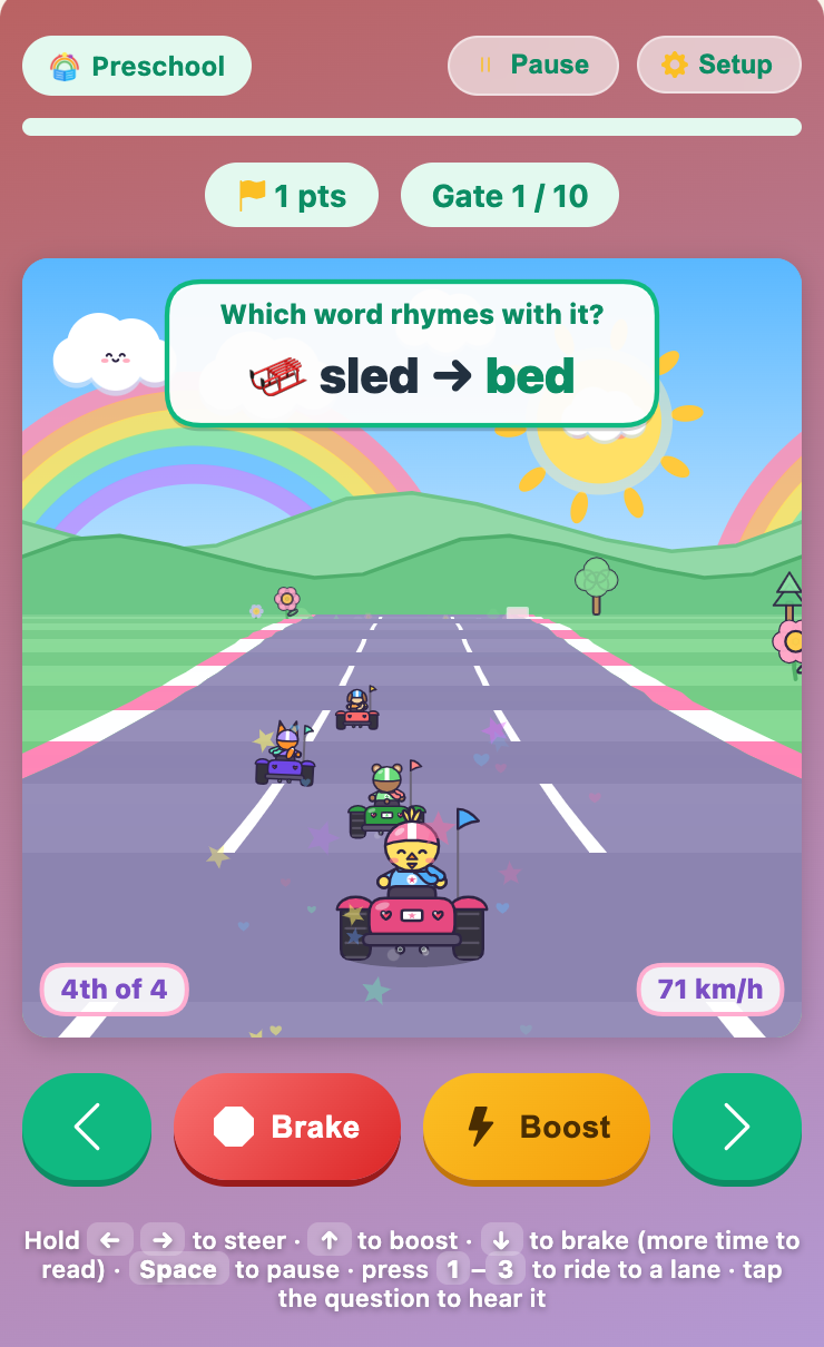 Chick in a pink kart looking back with a smile after a right answer, with sled and bed shown in green