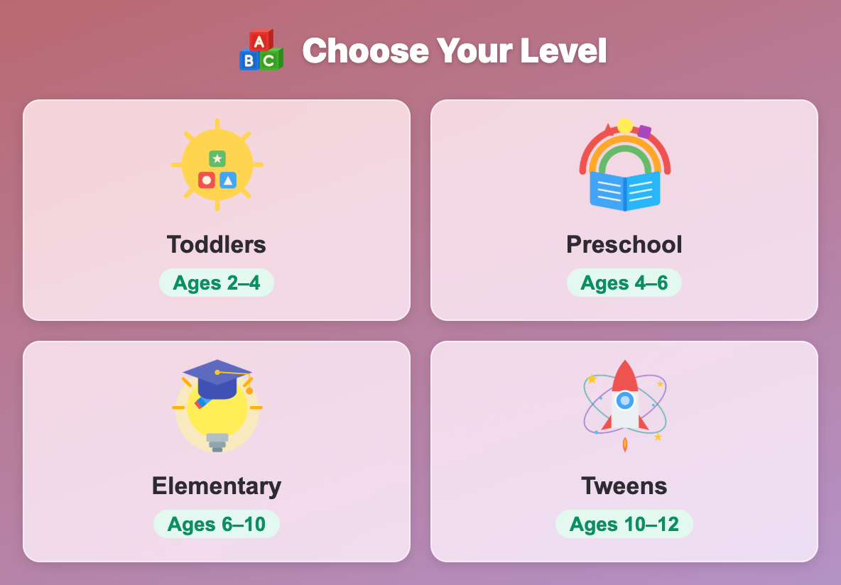 the Choose Your Level screen in Magic Crossbow: Extra Letter for kids, with Toddlers, Preschool, Elementary and Tweens cards