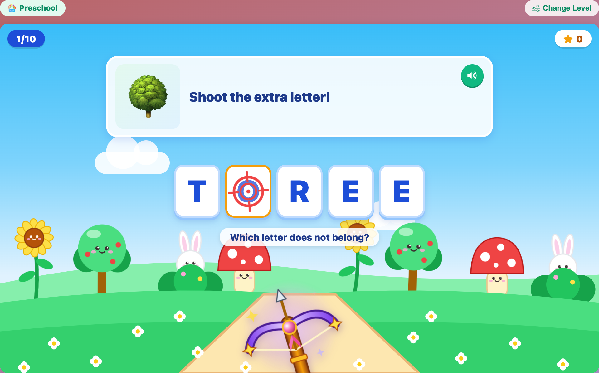 a tree picture above the letter tiles T O R E E, with the magic crossbow aiming its red target at the extra O