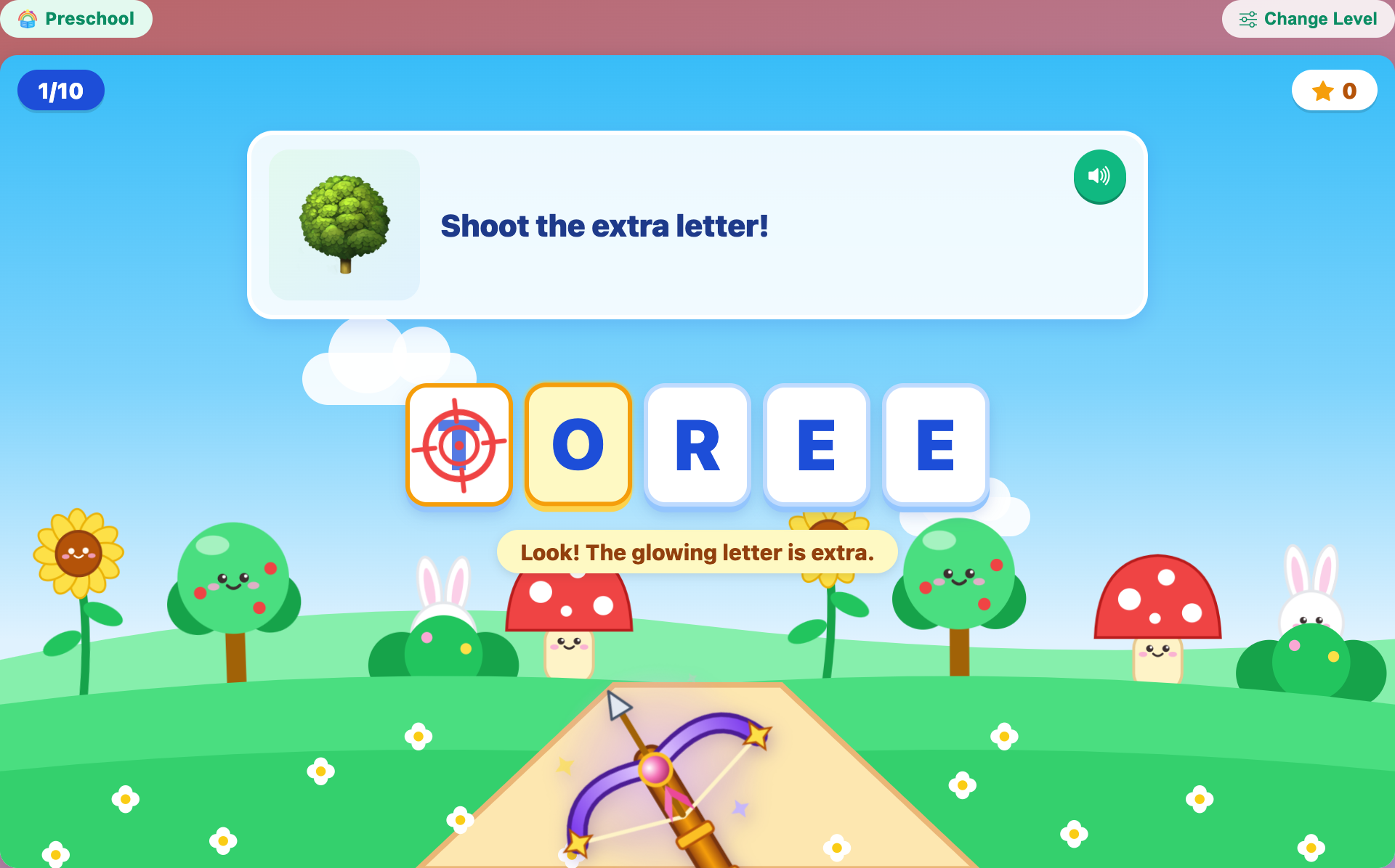 the extra O glowing yellow as a hint after a missed shot at the T, in Magic Crossbow: Extra Letter for preschoolers
