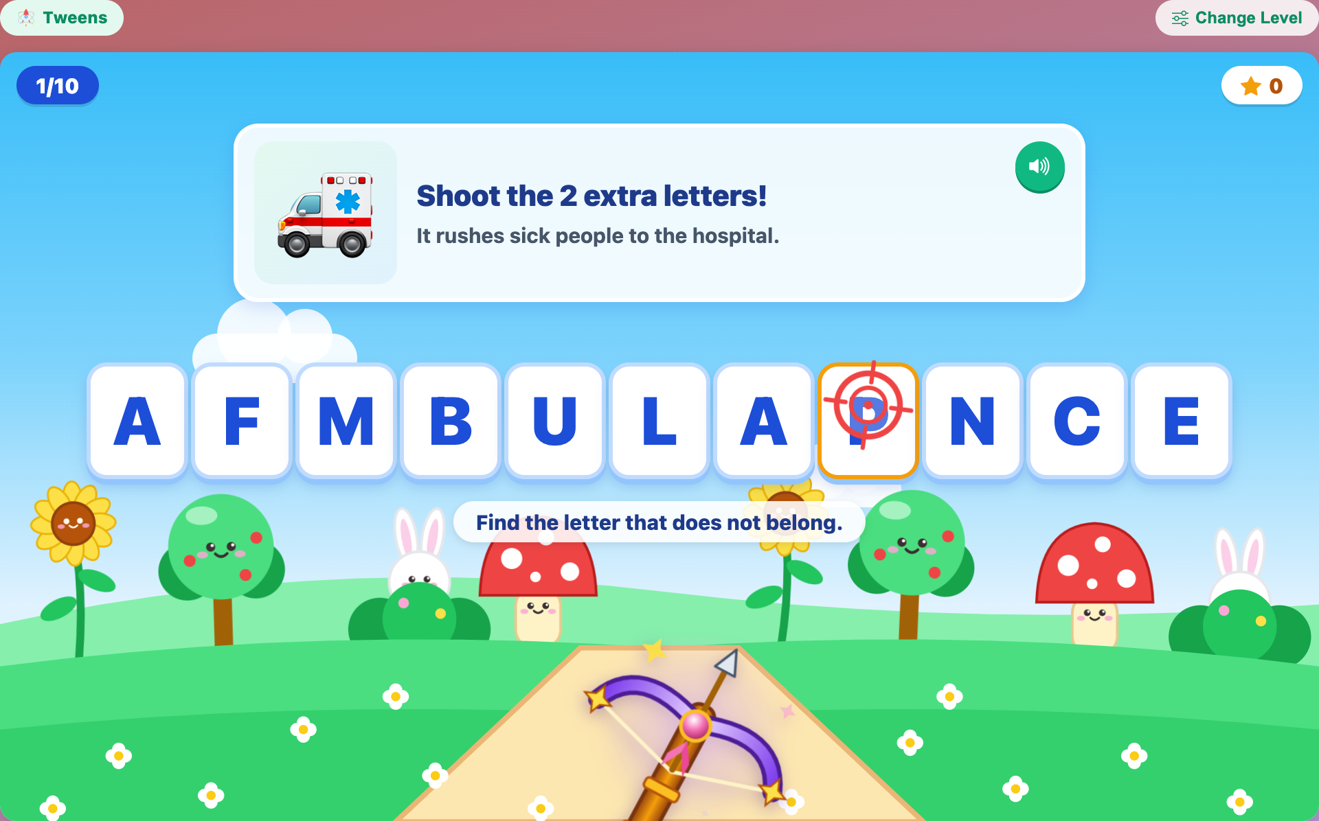 an ambulance picture and clue over the tiles A F M B U L A P N C E in Magic Crossbow: Extra Letter for tweens