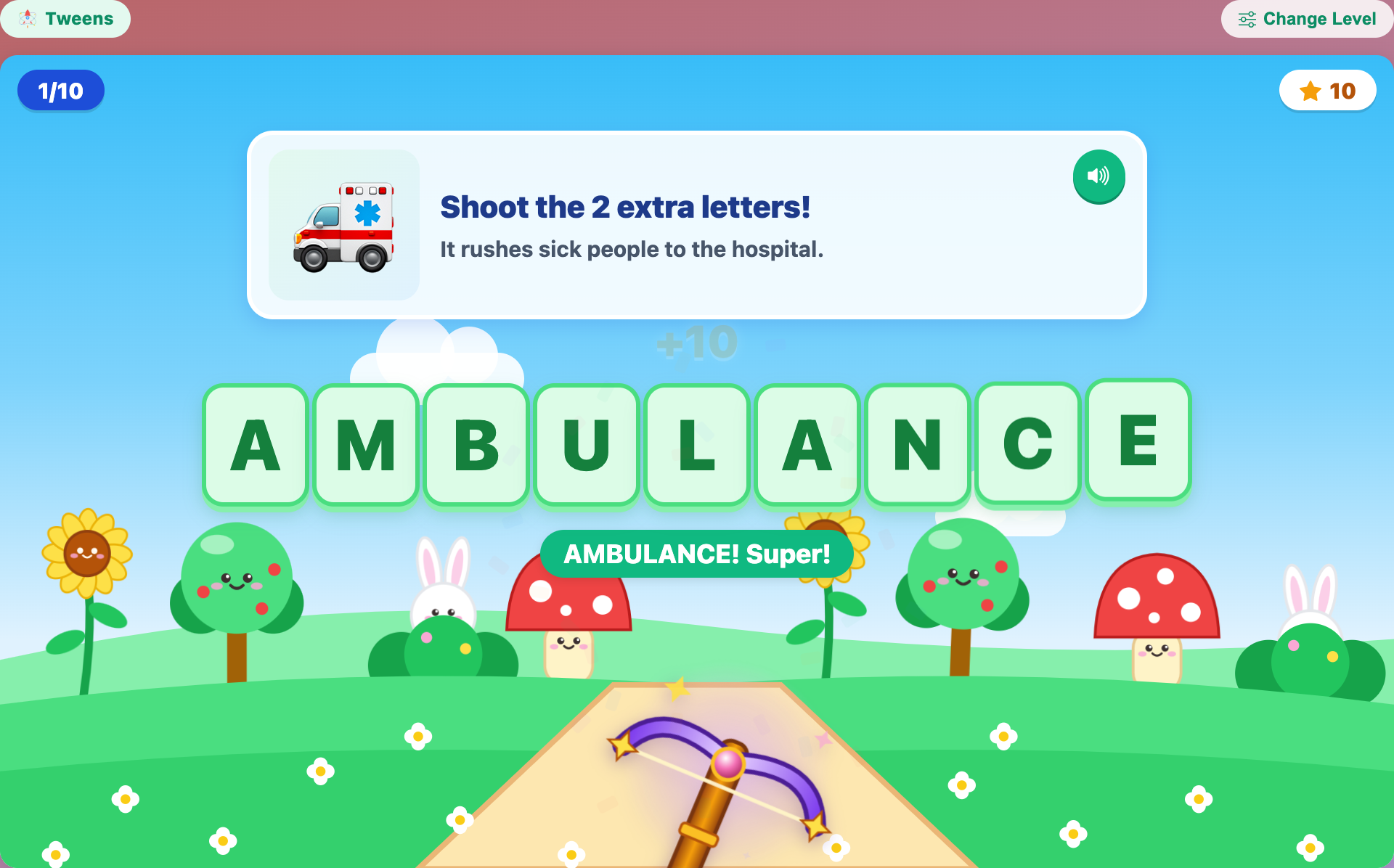 green tiles spelling AMBULANCE with a +10 and a Super! message after both extra letters were shot