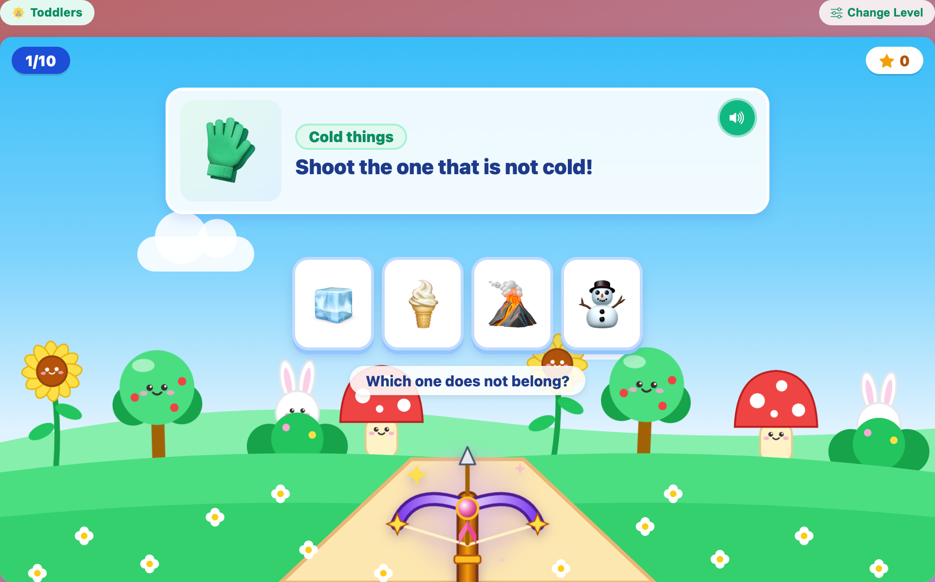 a Cold things round for toddlers with ice, ice cream, a volcano and a snowman, where the volcano is the odd one out