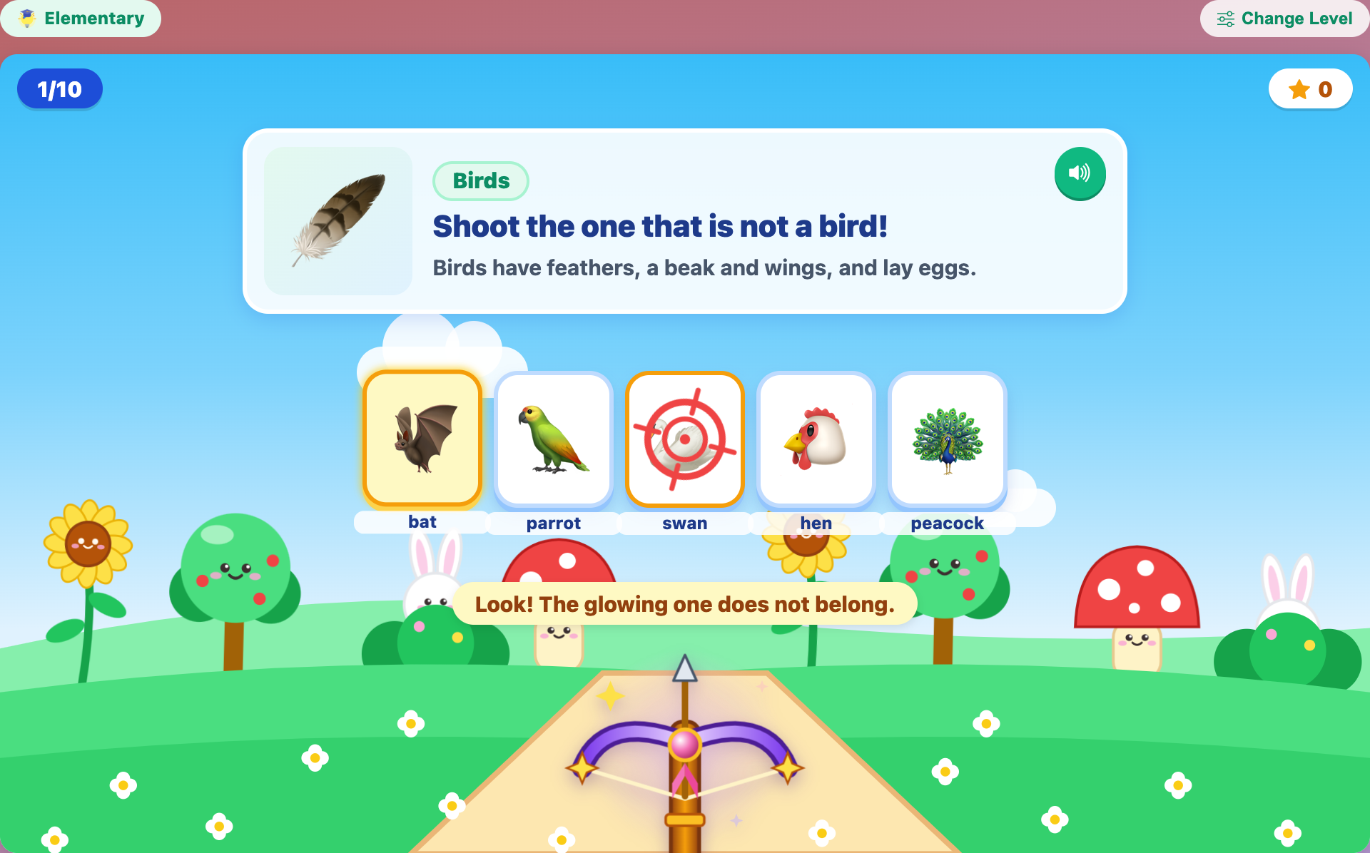 the bat glowing yellow as a hint after two missed shots, in Magic Crossbow: Odd One Out for elementary kids