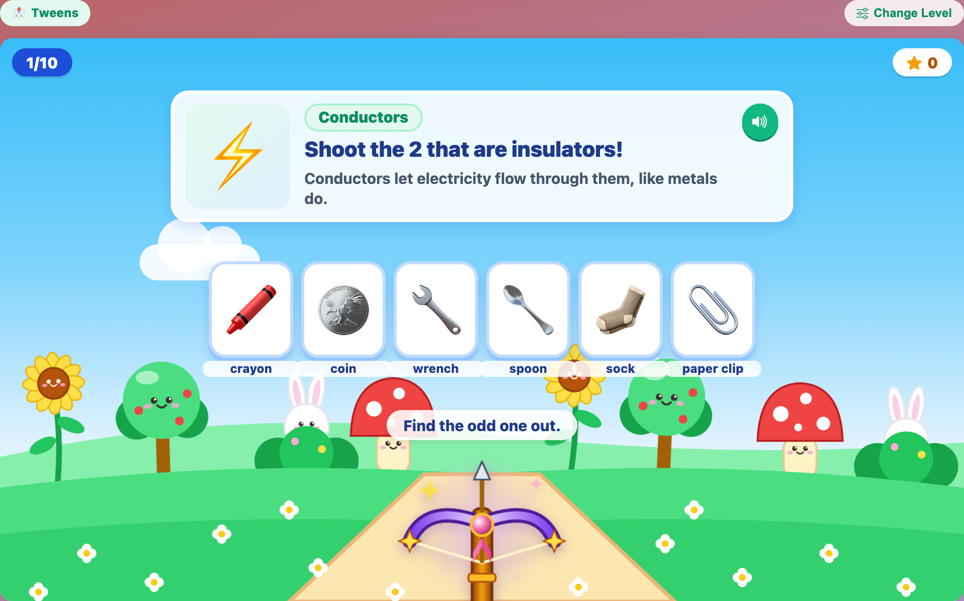 a Conductors round for tweens with a crayon, coin, wrench, spoon, sock and paper clip, asking for the 2 insulators
