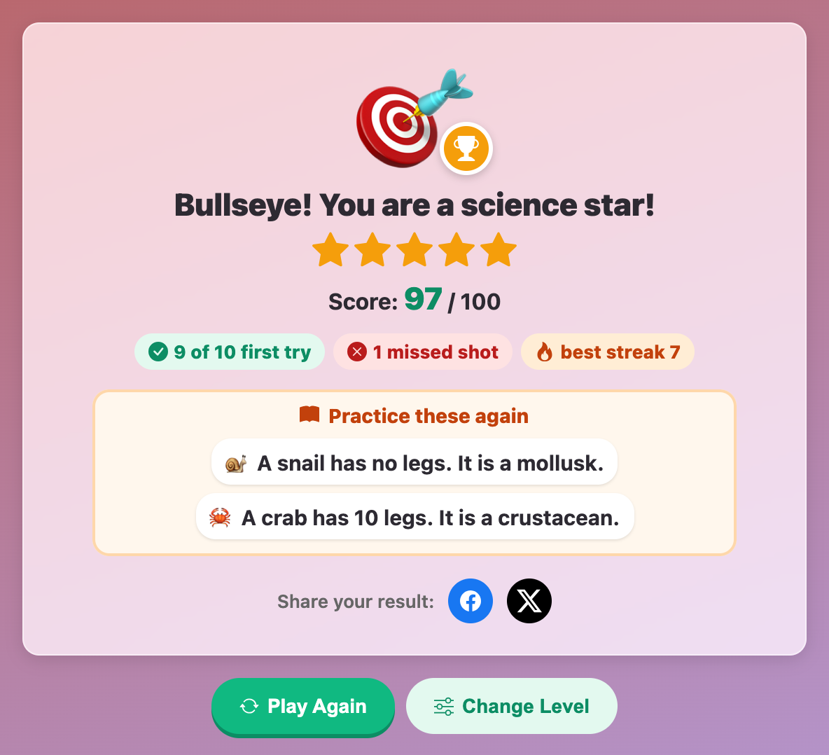 the result card in Magic Crossbow: Odd One Out with 97 out of 100, five stars and a snail and crab to practice again