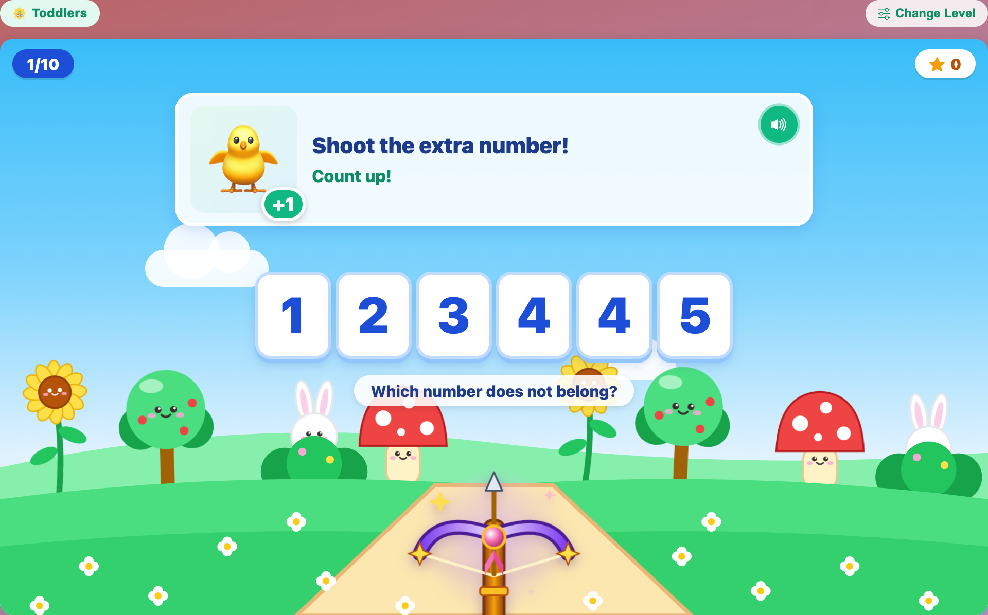 a toddler round with a chick, a +1 badge and the tiles 1 2 3 4 4 5, where one 4 is extra
