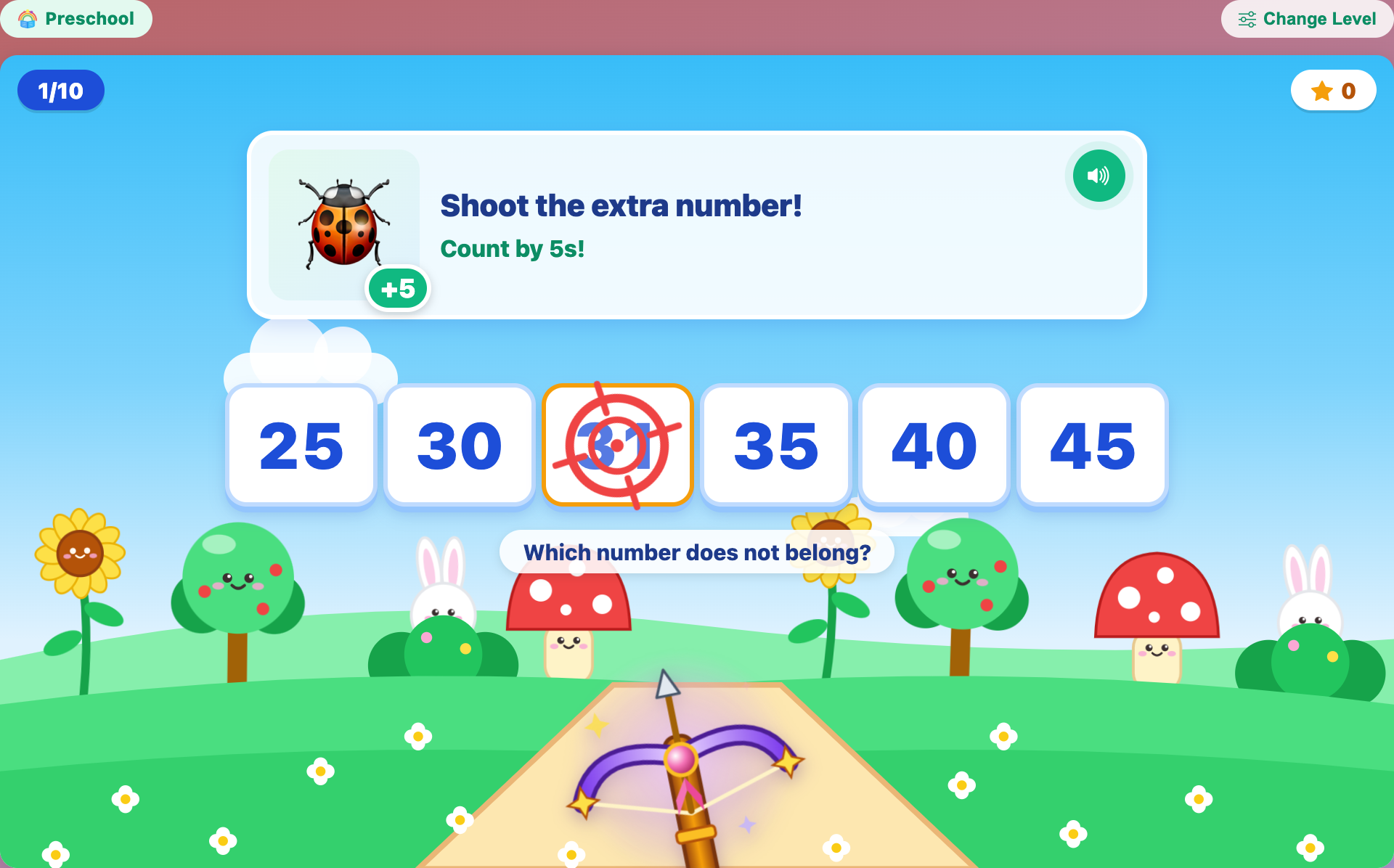 a Count by 5s round for preschoolers with the tiles 25 30 31 35 40 45 and the crossbow aiming at 31