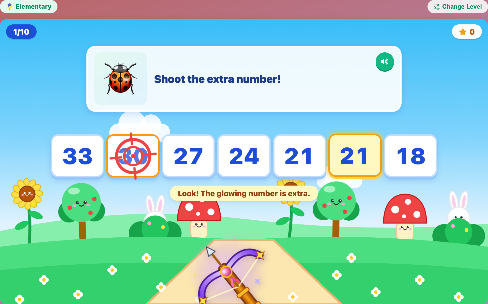 the second 21 glowing as a hint in 33 30 27 24 21 21 18, in Magic Crossbow: Extra Number for elementary kids