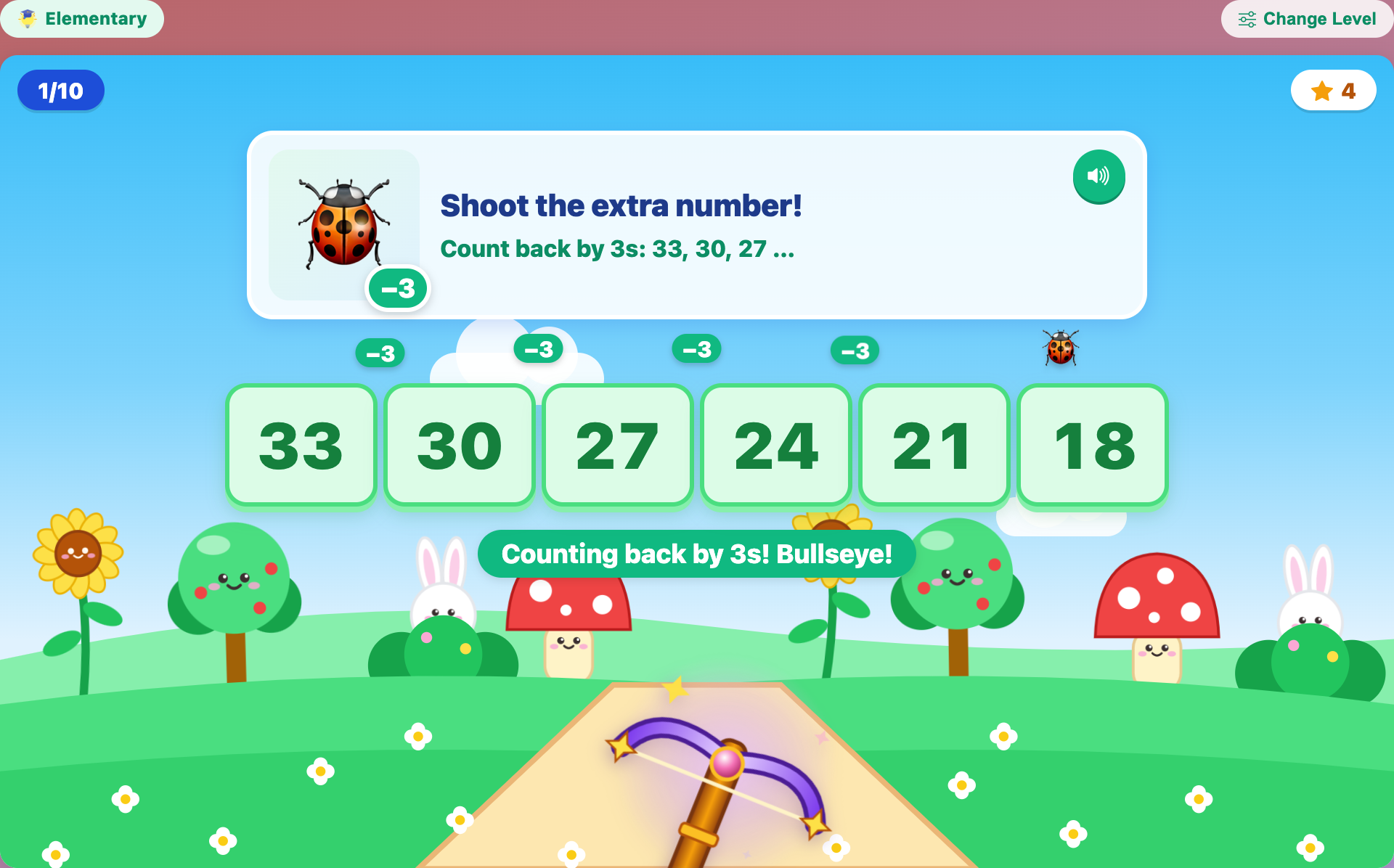 a ladybug hopping along 33 30 27 24 21 18 with a minus 3 tag over each gap and a Counting back by 3s message