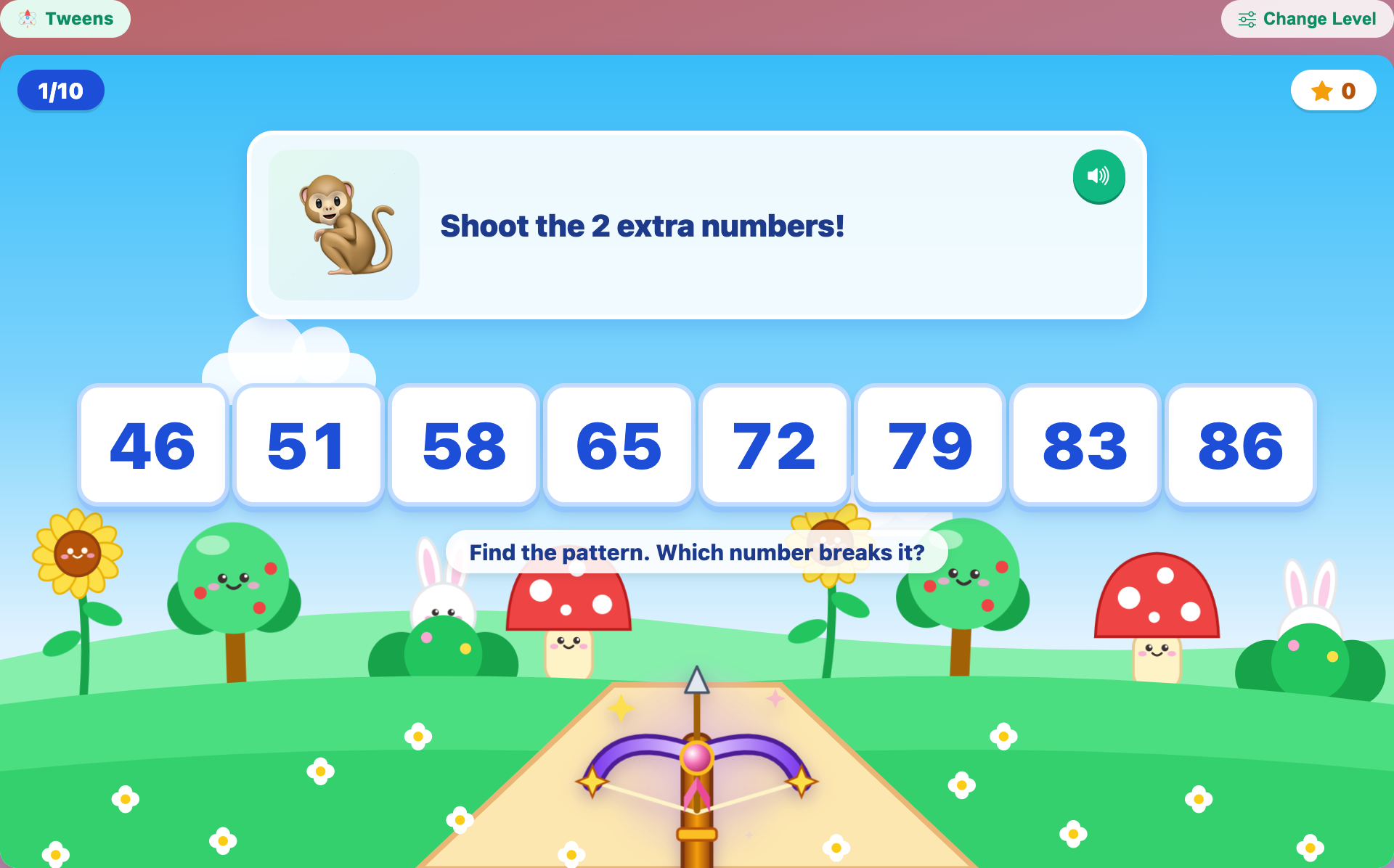a tweens round with a monkey and the tiles 46 51 58 65 72 79 83 86, asking for 2 extra numbers