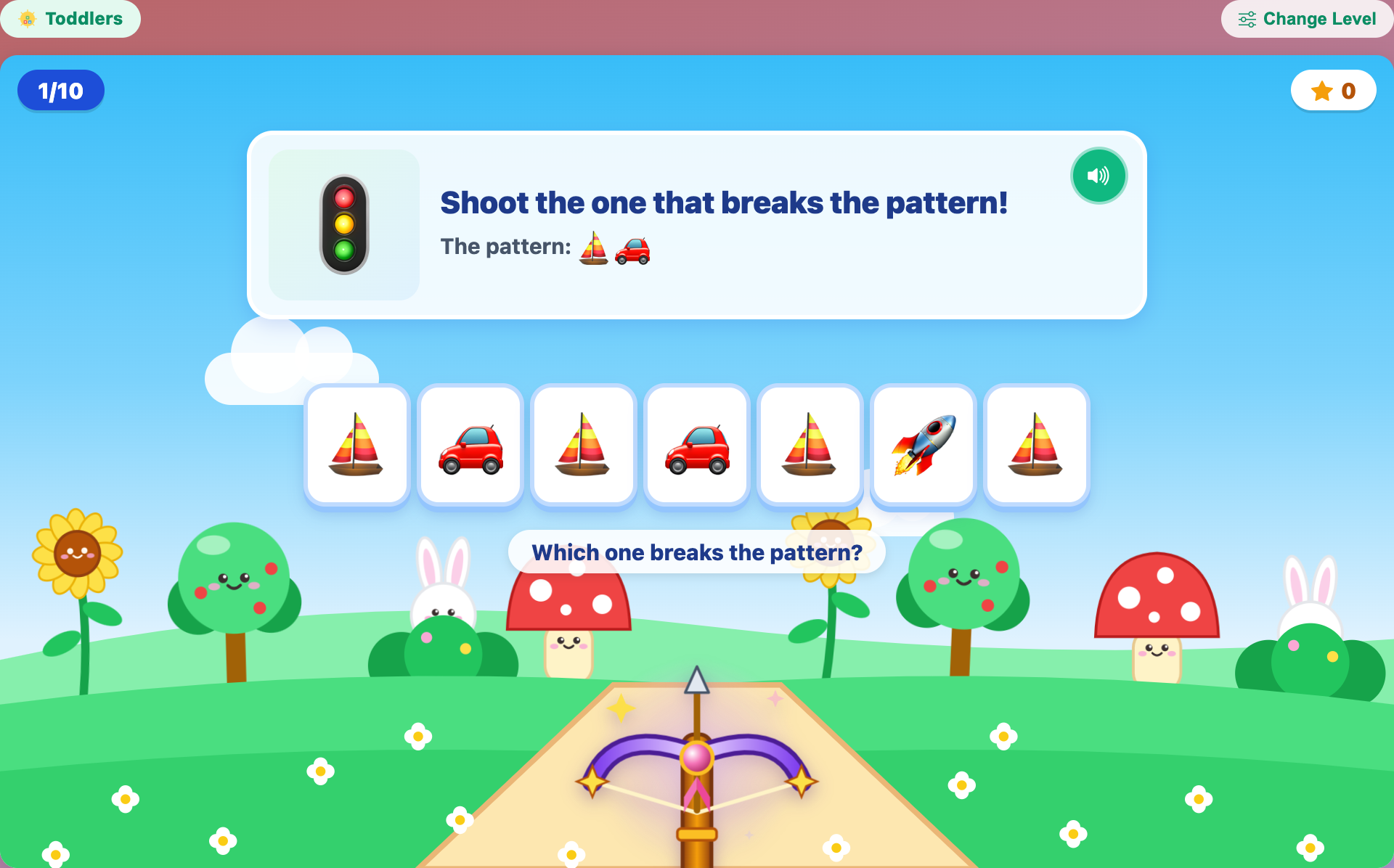 a toddler round with a boat and car pattern on the card and a rocket breaking the row of boats and cars