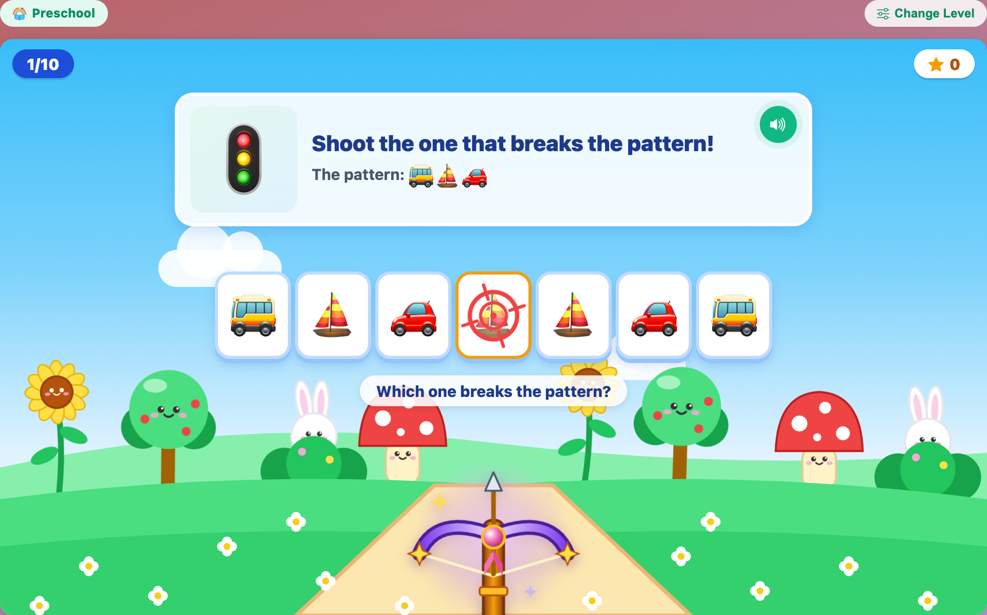 a bus, boat, car pattern for preschoolers where a second boat stands in the bus spot, with the crossbow aiming at it