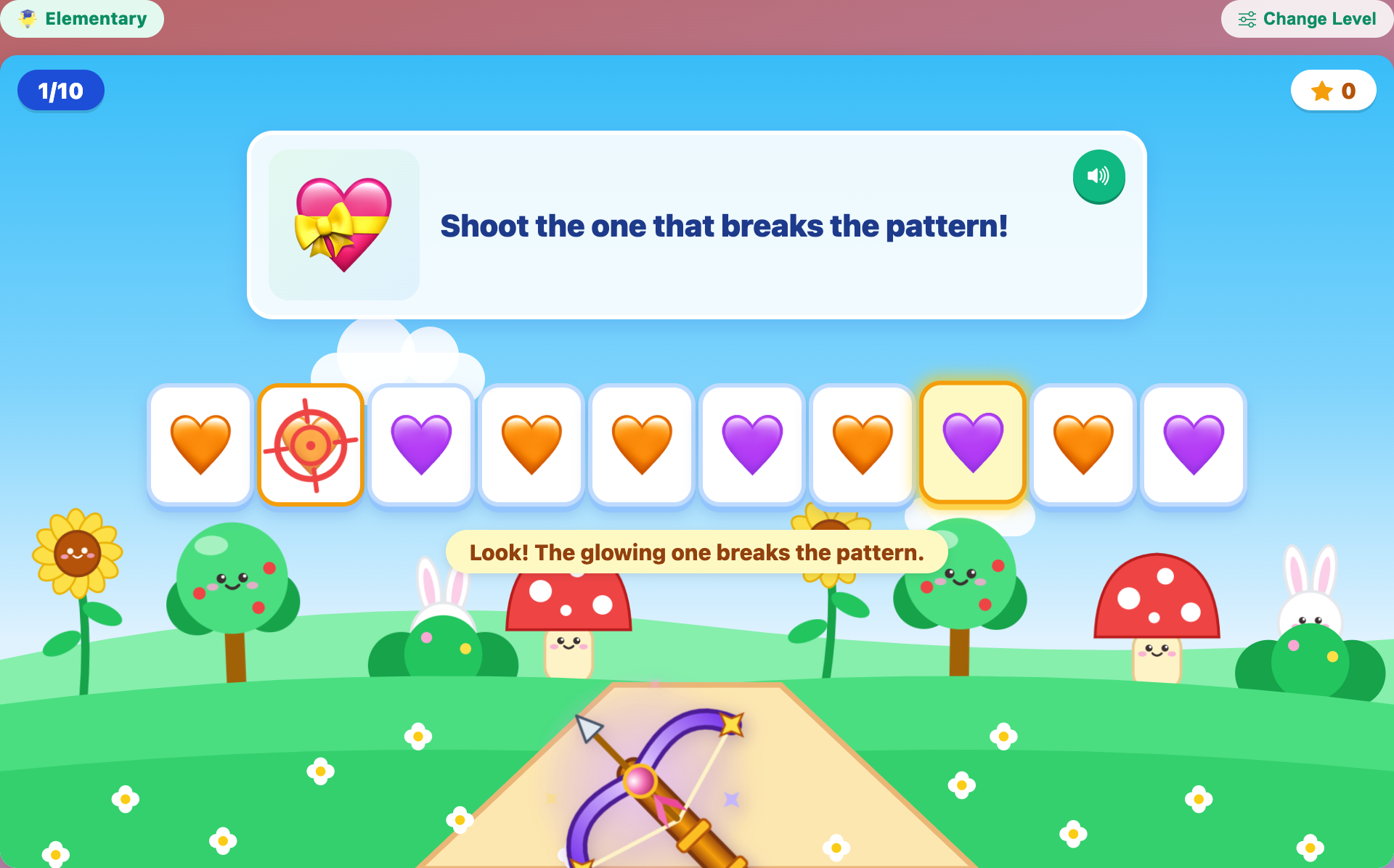 an extra purple heart glowing as a hint in a row of orange and purple hearts, in Pattern Breaker for elementary kids