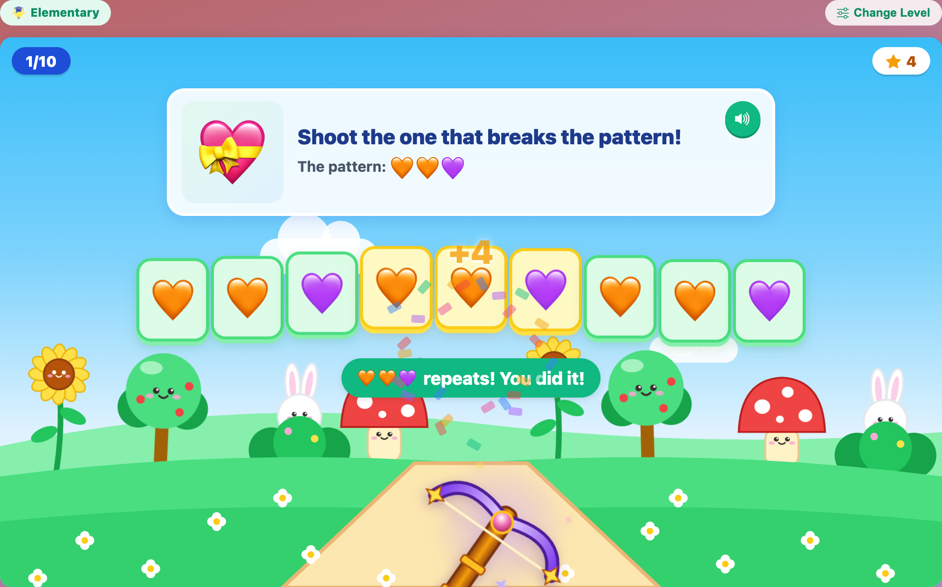 the fixed heart row with orange, orange, purple repeating, the middle repeat shaded, and a repeats! message
