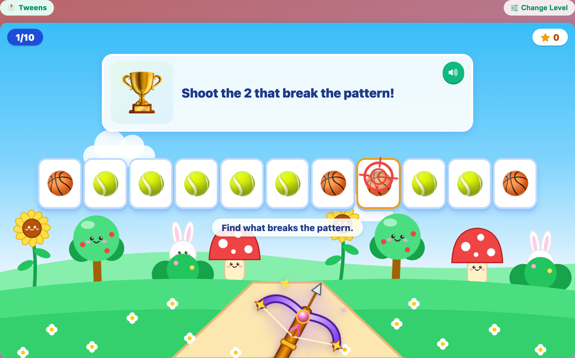 a tweens row of 11 basketballs and tennis balls with 2 breakers to find, and the crossbow aiming at a basketball