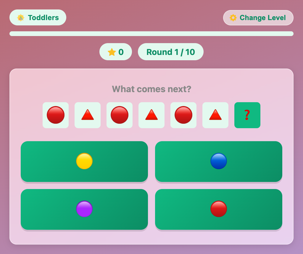 a toddler round of Pattern Sequence with a red circle and a red triangle taking turns, a question mark and four answer buttons
