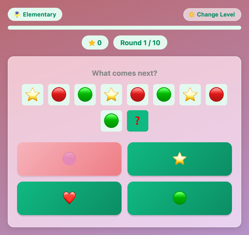 an elementary round with star, red and green shown three times, where the wrong purple answer has turned pink