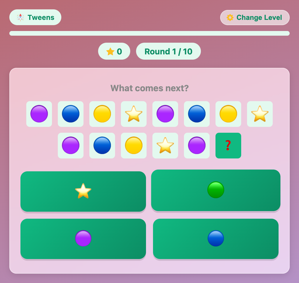 Pattern Sequence for tweens, with purple, blue, yellow and a star shown three times plus one more purple before the question mark