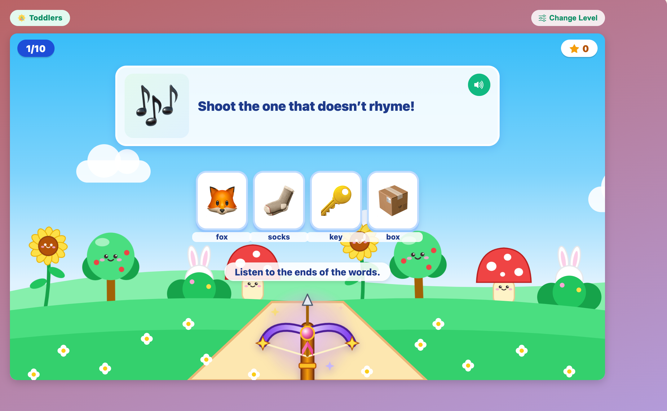a toddler round with picture tiles for fox, socks, key and box under the question Shoot the one that doesn’t rhyme