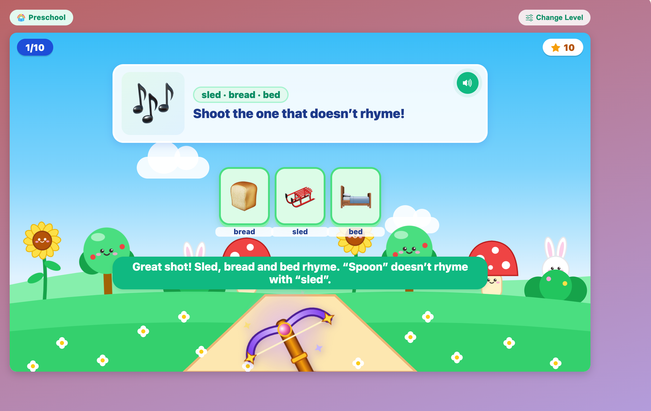 a solved preschool round where sled, bread and bed are left and the message says spoon doesn’t rhyme with sled