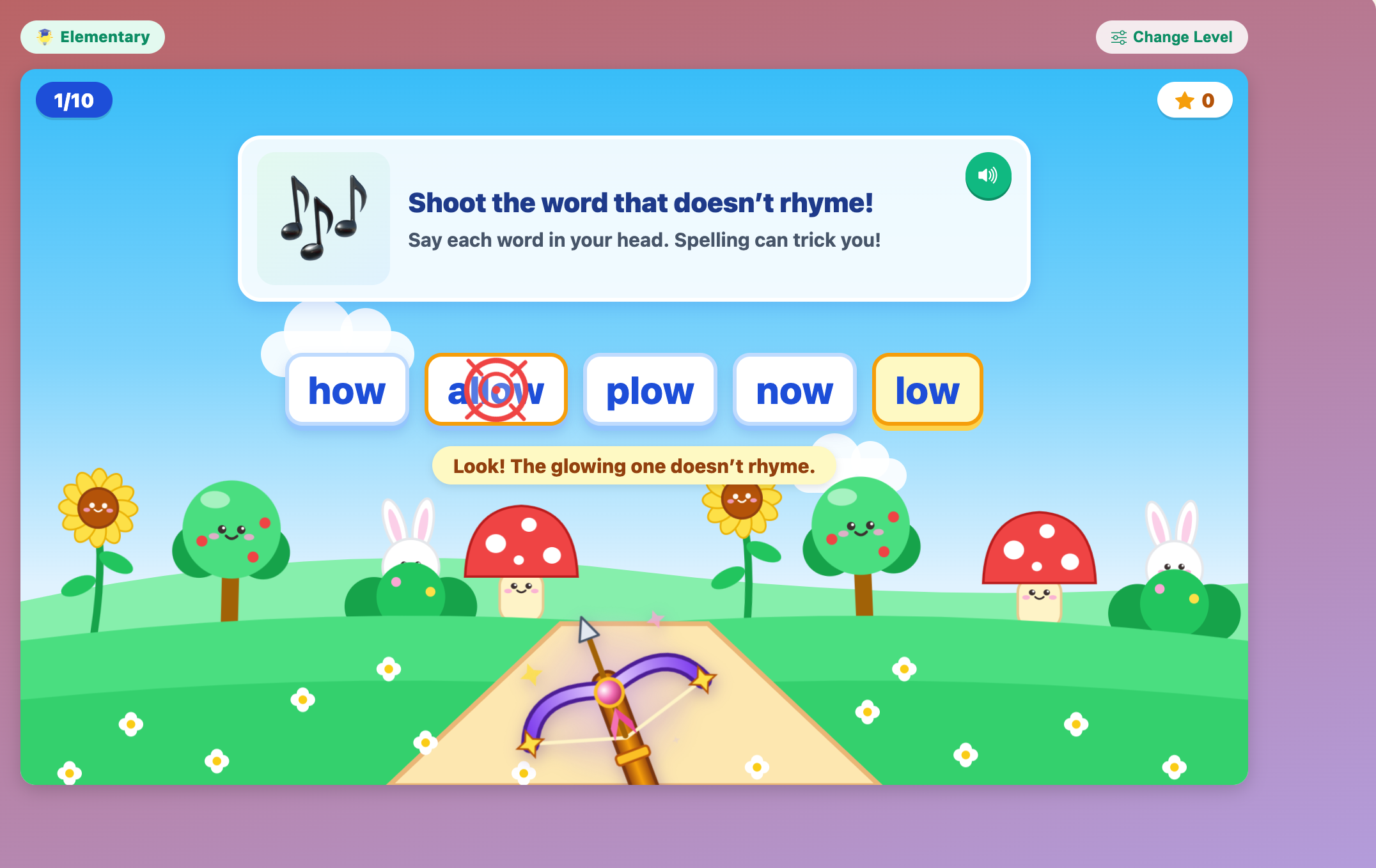 an elementary round with how, allow, plow, now and low, where low glows yellow as the hint after two misses