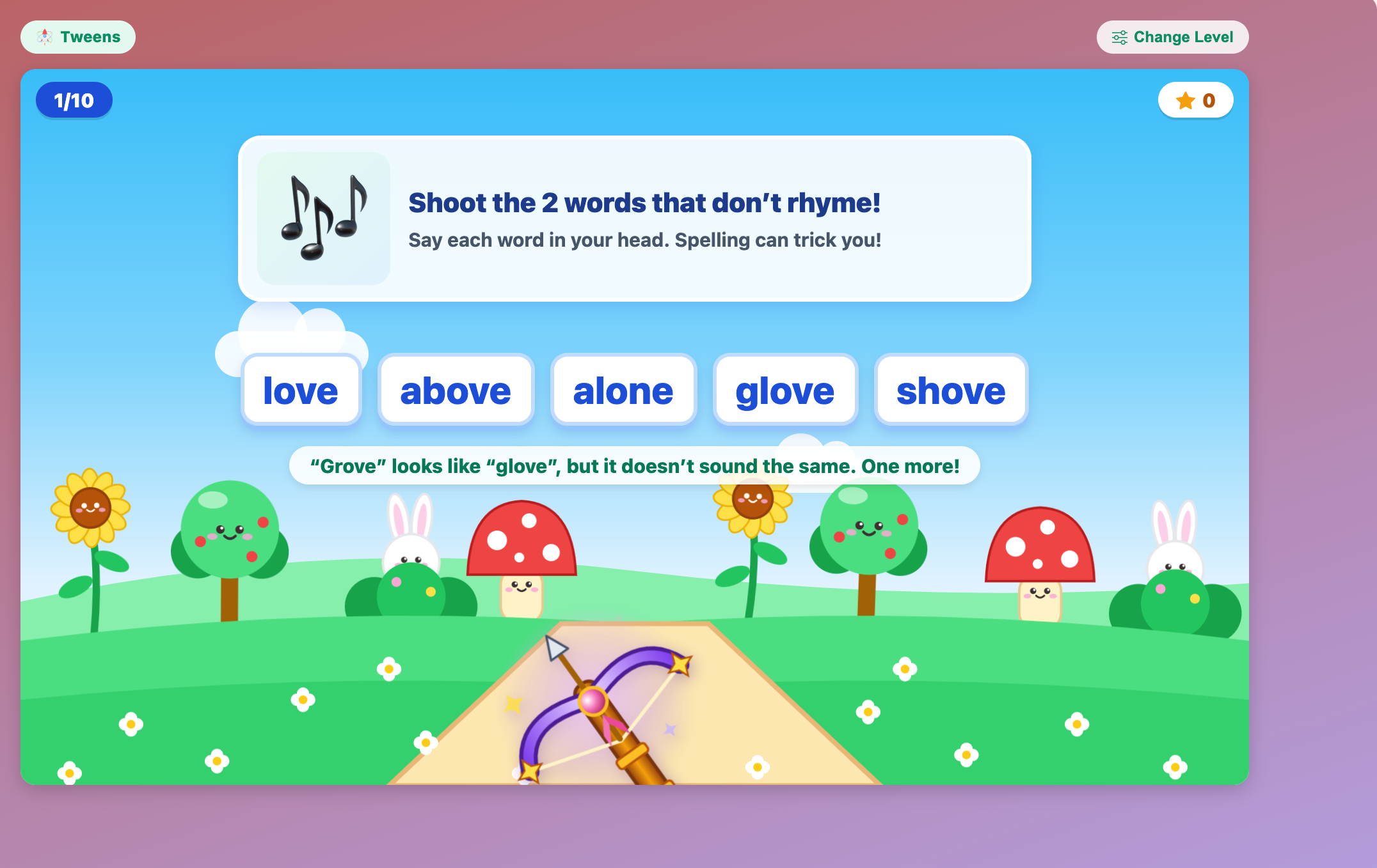Magic Crossbow: Rhyme Hunt for tweens, with grove already shot from love, above, alone, glove and shove and one odd word left