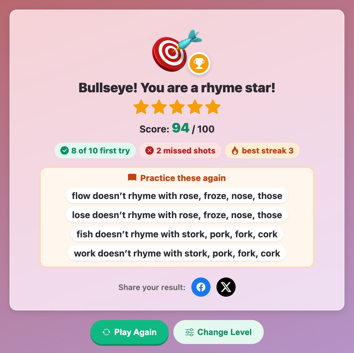 the results card with five stars, a score of 94 out of 100 and a Practice these again list of words that don’t rhyme