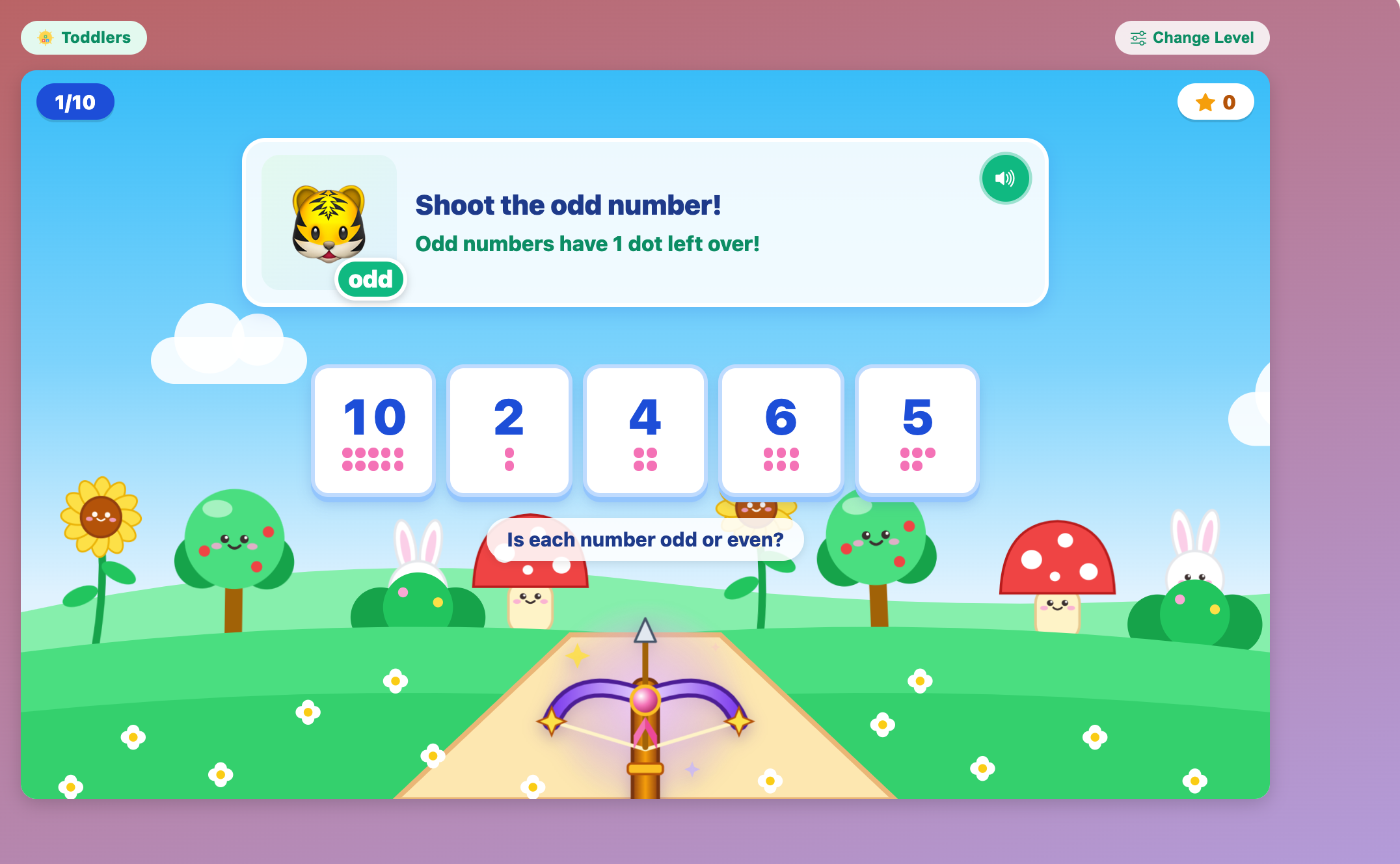 a toddler round with the numbers 10, 2, 4, 6 and 5, each showing its dots in pairs, and a tiger asking for the odd number