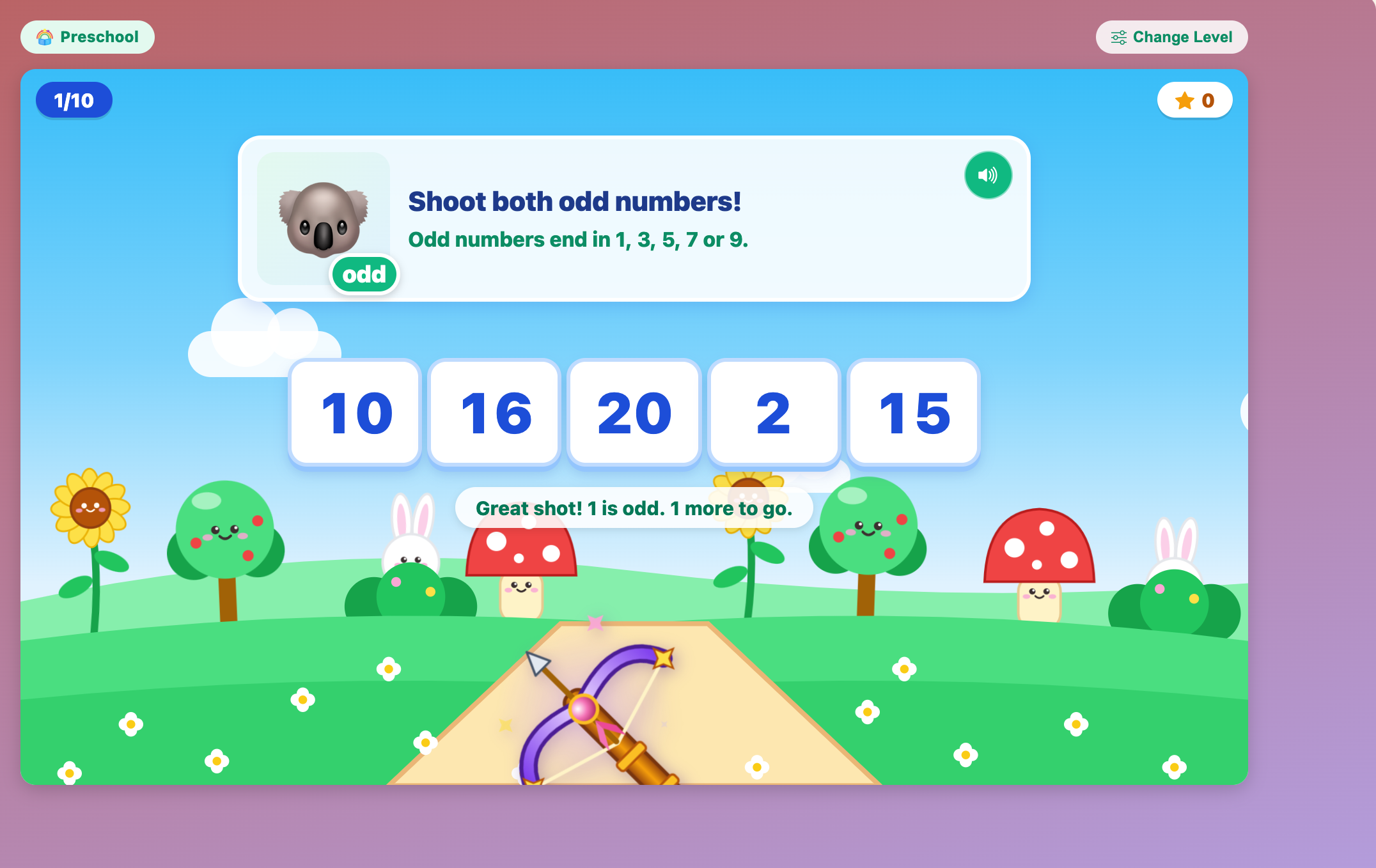 a preschool round hunting both odd numbers among 10, 16, 20, 2 and 15 after the 1 was shot, with the rule about odd endings