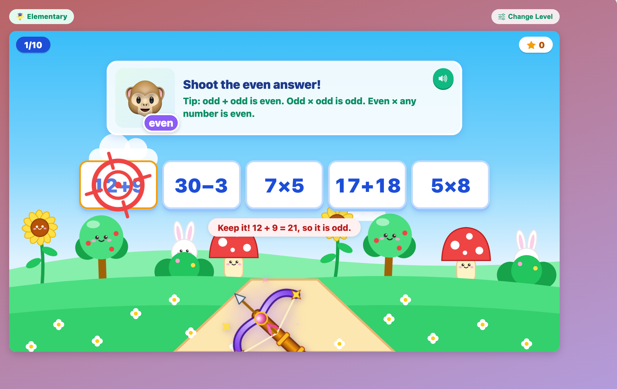 an elementary round of sums where a shot at 12+9 bounced off and the tip about adding and multiplying odd and even numbers appeared