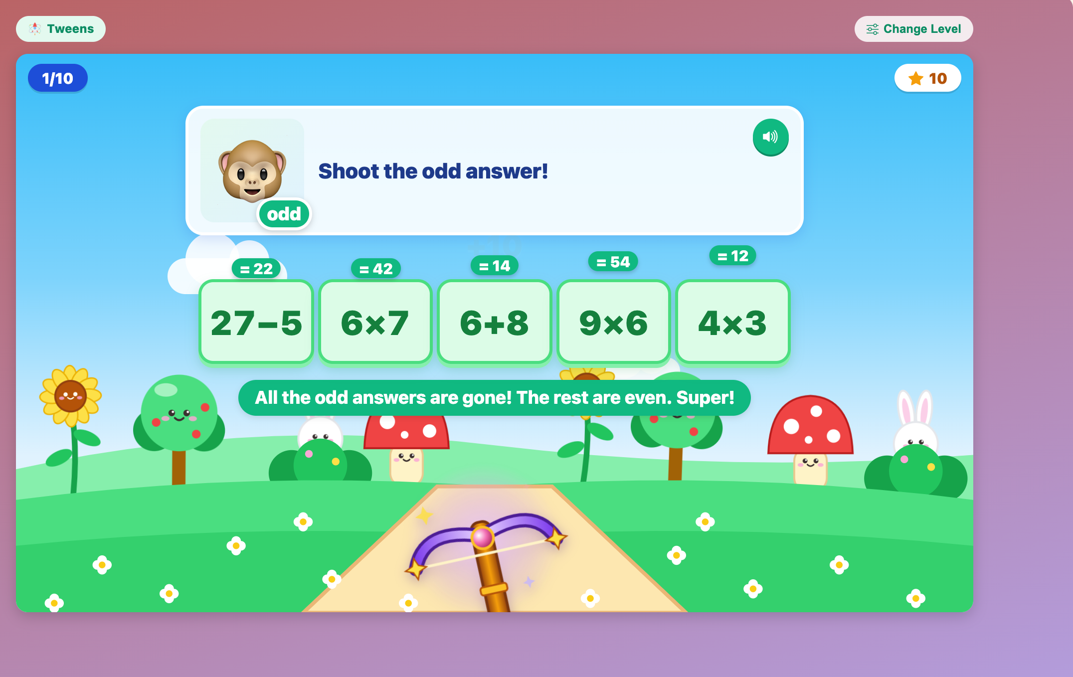 a solved tweens round with the answers shown over each sum and the message that all the odd answers are gone