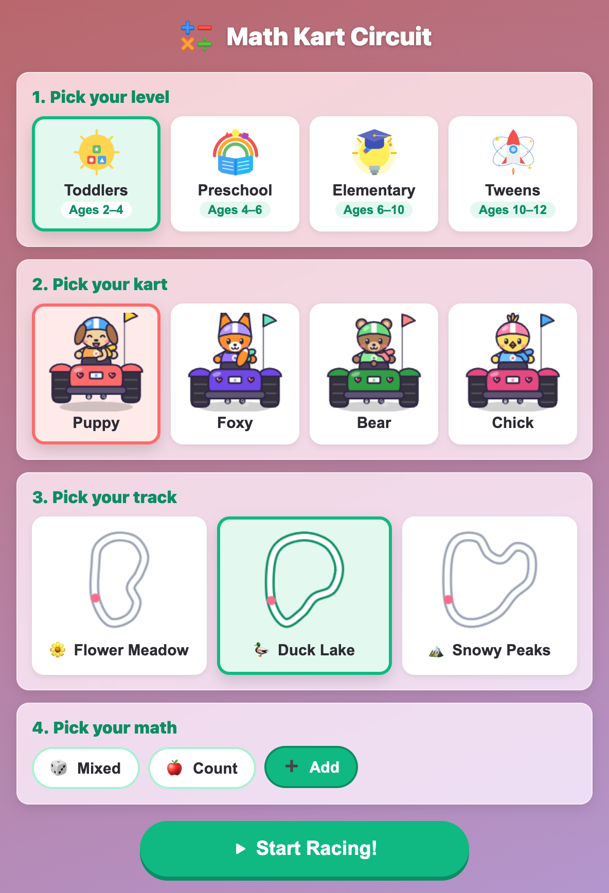 the Math Kart Circuit setup screen with Toddlers, the Puppy kart, Duck Lake and Add math picked