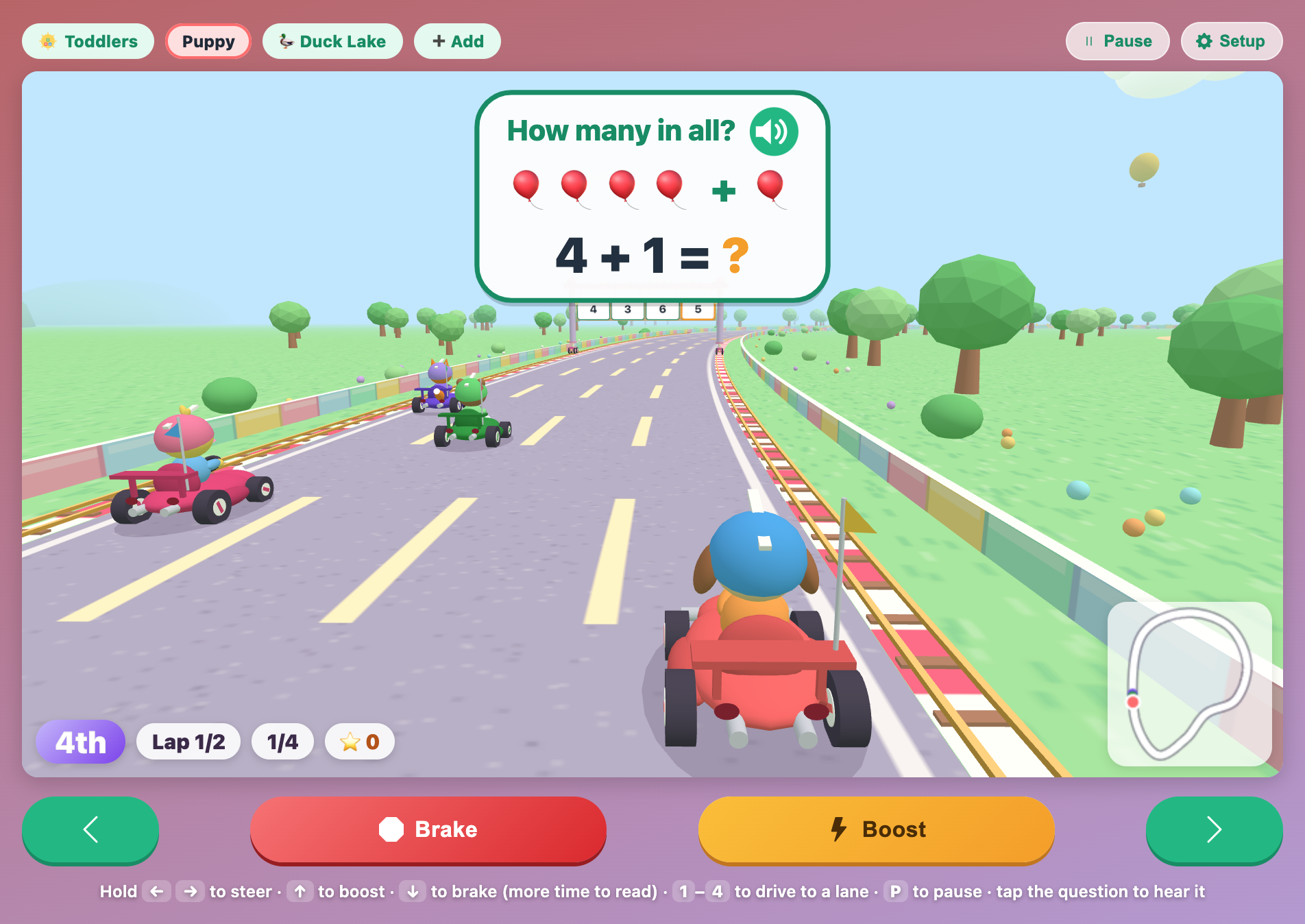 a toddlers race on Duck Lake in Math Kart Circuit for kids, with four balloons plus one more on the question plate