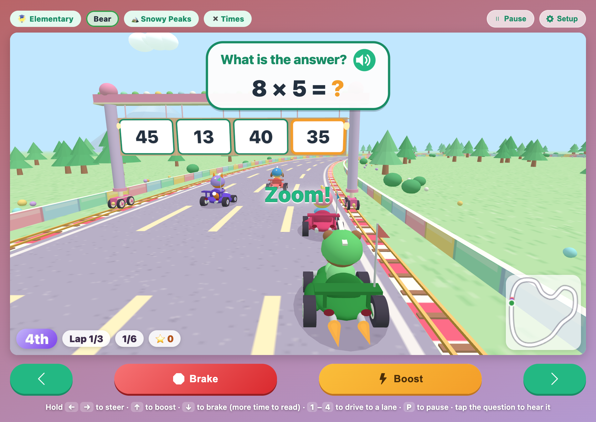 Math Kart Circuit for elementary kids on Snowy Peaks, asking 8 times 5 with answer signs 45, 13, 40 and 35