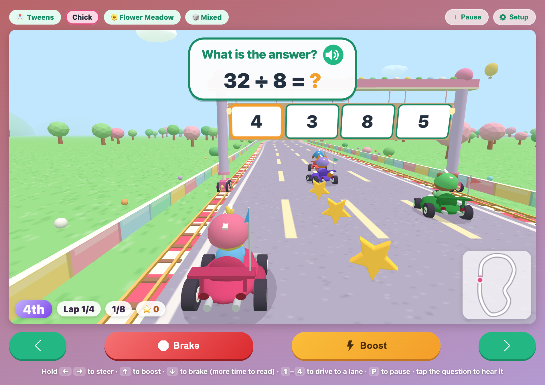 Math Kart Circuit for tweens on Flower Meadow, asking 32 divided by 8 while the Chick kart drives under the 4 sign