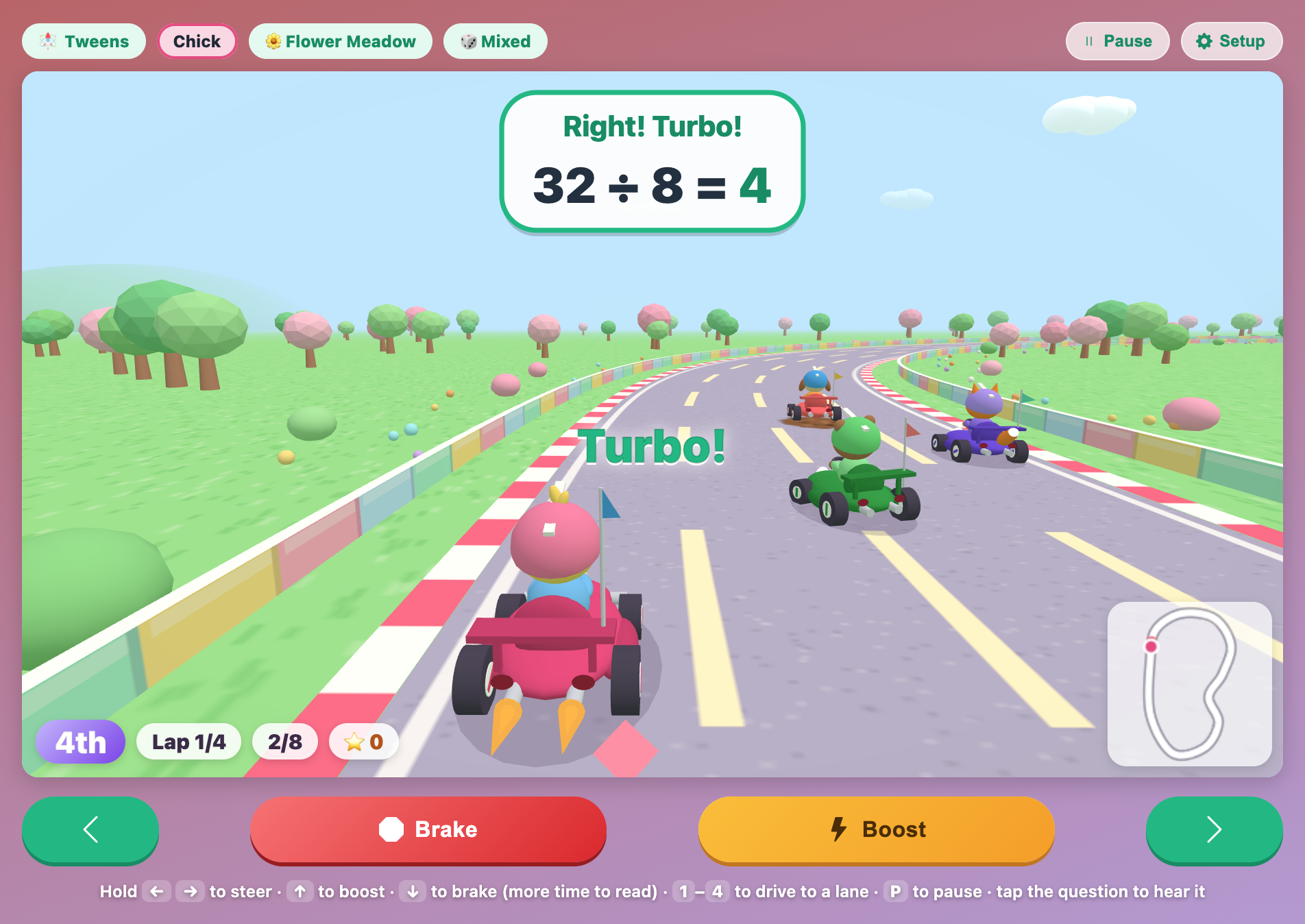 the question plate turning green with Right! Turbo! after 32 divided by 8 equals 4 is answered