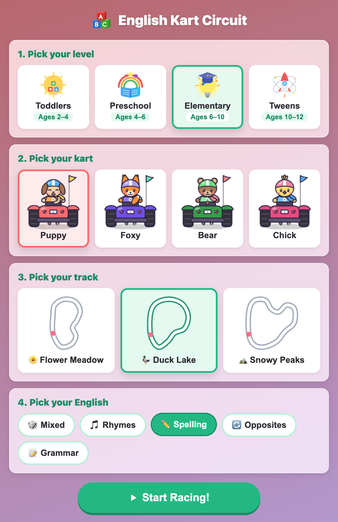 the four setup steps in English Kart Circuit, with Elementary, the Puppy kart, Duck Lake and the Spelling topic chosen