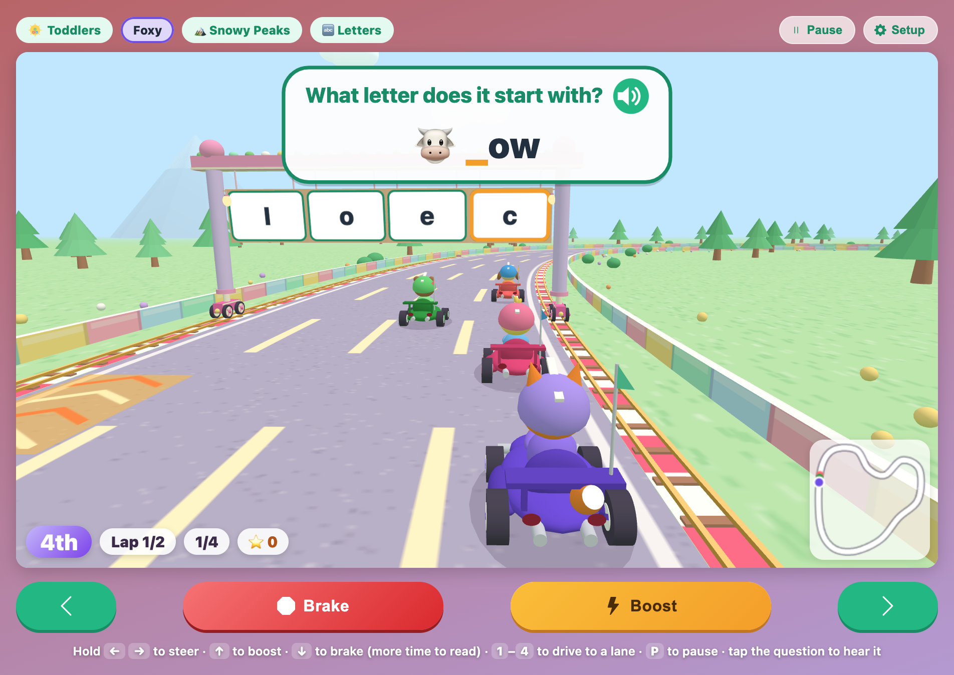 English Kart Circuit for toddlers on Snowy Peaks, asking which letter starts cow, with signs for l, o, e and c
