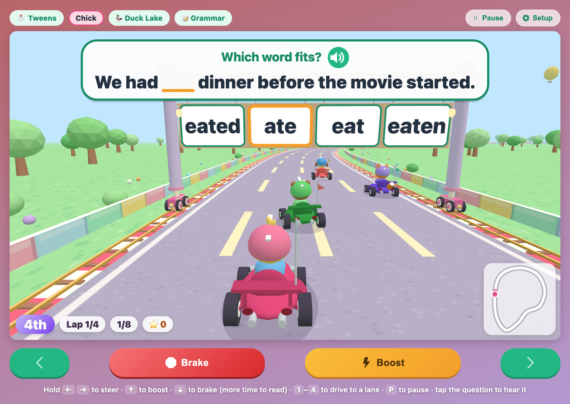 English Kart Circuit for tweens on Duck Lake, asking which word fits in We had ___ dinner before the movie started