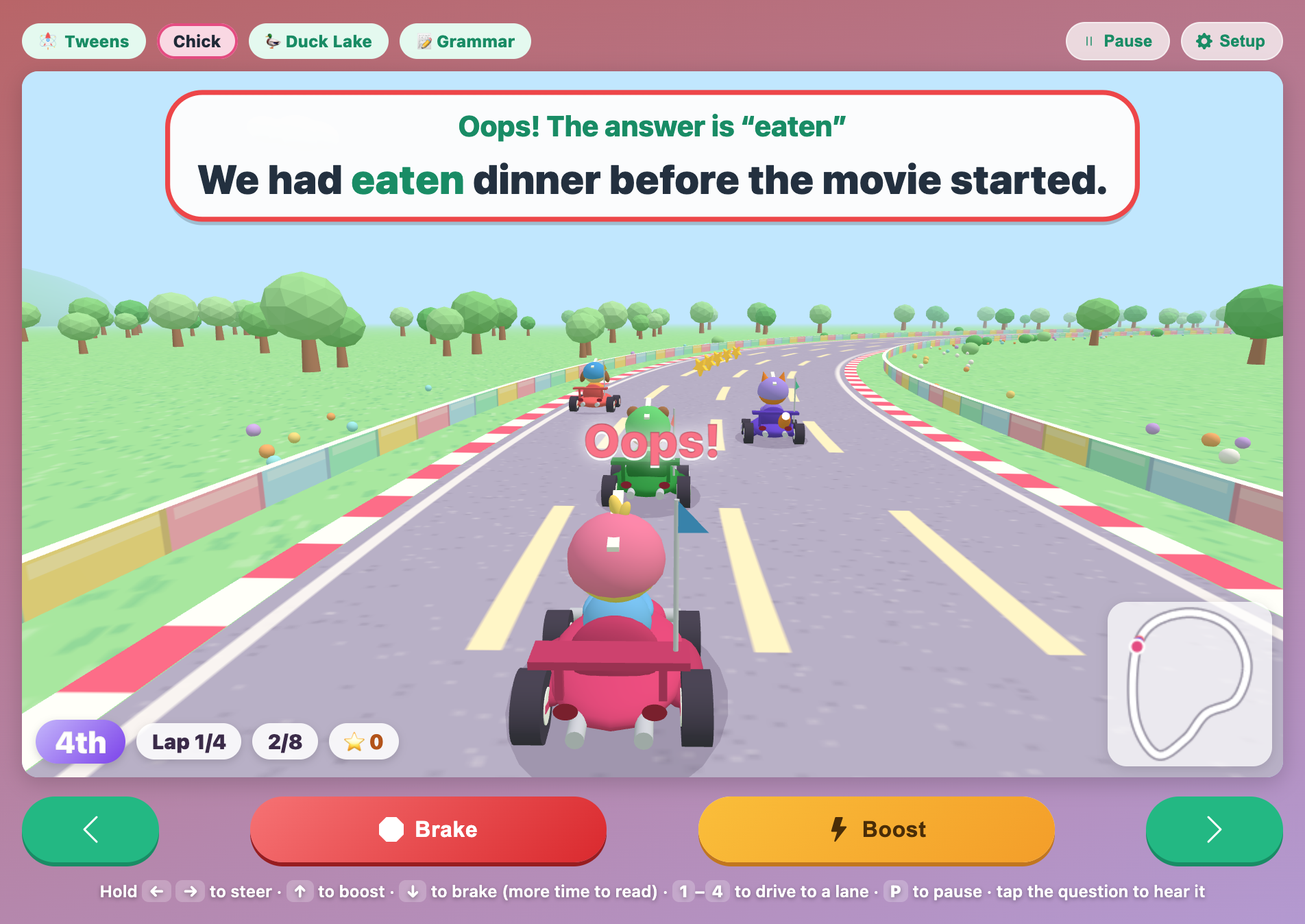 the question plate with a red border saying Oops! The answer is eaten, after the Chick kart chose the wrong sign