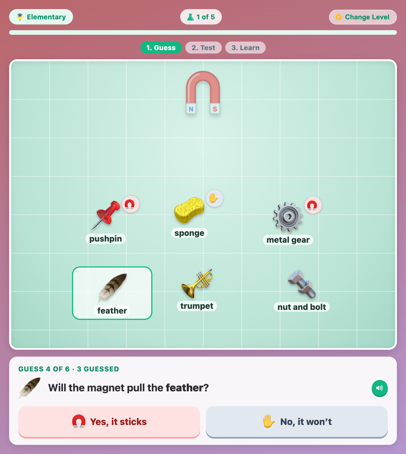 the Guess step at the Elementary level, asking if the magnet will pull a feather, with Yes and No buttons