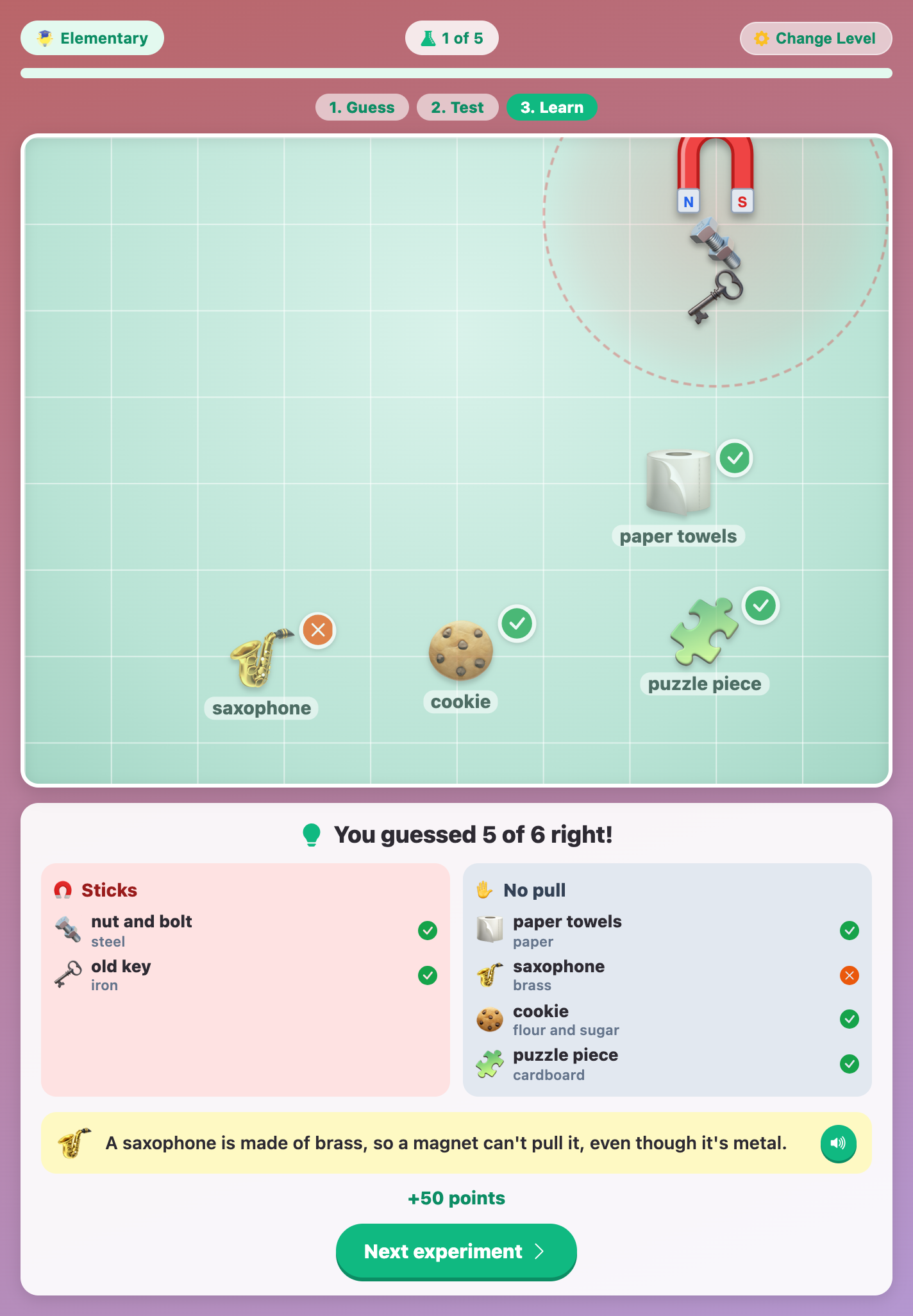 the Learn chart in Magnet Experiment for kids sorting objects into Sticks and No pull, with a saxophone fact