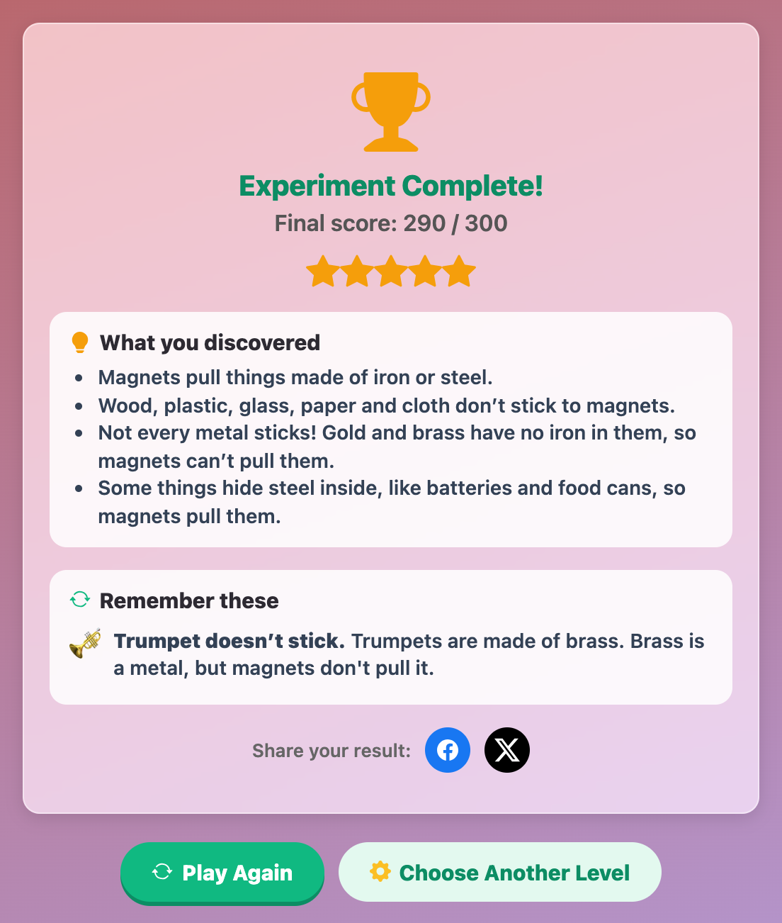 the Experiment Complete card with a 290 out of 300 score, five stars and a What you discovered list