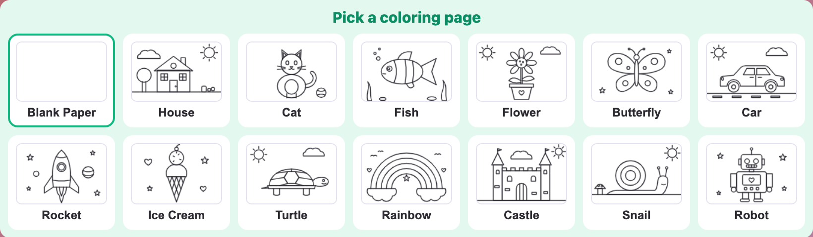the Pick a coloring page panel in Color and Draw for kids with Blank Paper and 13 line drawings